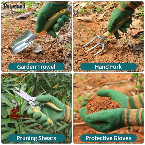 Green Garden Tool Set 4-Piece, Trowel, Fork, Pruning Shear&Gloves - color: green-4pcs