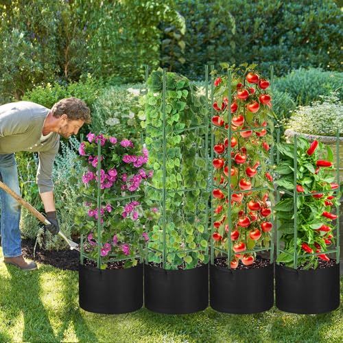 4 Pack Tomato Cages 55 x 12 Inch for Garden with 11 Gallon Round Planter