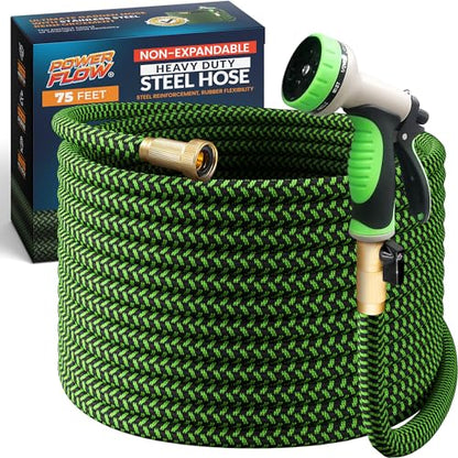 PowerFlow Metal Garden Hose, 75 Ft Non-Expandable Water Hose, Green - color: Green, size: 75 Feet