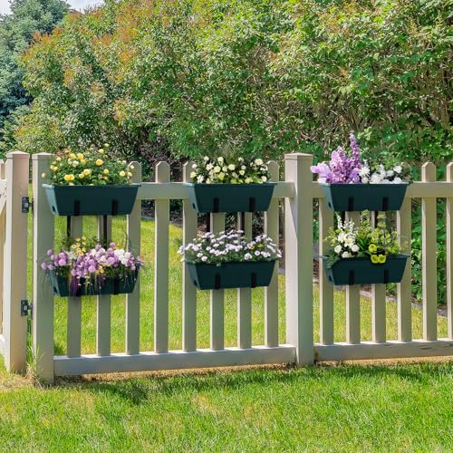 2 Pack Window Boxes Planters 17’’ Railing Hanging Planter Boxes for Outdoor Plants with Double Adjustable Brackets Rectangle Deck Railing Flower Pots Herb Planter for Fence Patio Balcony - color: Green