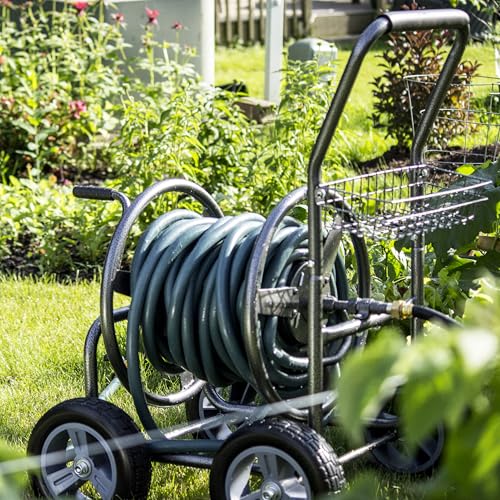 Backyard Expressions Metal Hose Reel Cart with Wheels - Heavy Duty Hose Caddie - 250 Ft Hose Capacity - Hammertone Finish - style: 2023 4 Wheel