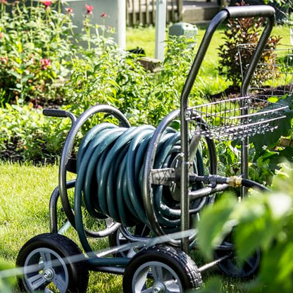 Backyard Expressions Metal Hose Reel Cart with Wheels - Heavy Duty Hose Caddie - 250 Ft Hose Capacity - Hammertone Finish - style: 2023 4 Wheel
