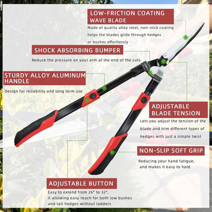 26"-32" Extendable Hedge Shears, Telescopic Garden Clippers with Sharp Wavy Blades for Trimming Hedges & Shrubs - color: Telescopic Hedge Shears