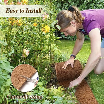 Natural Mulch Roll for Landscaping 240" X 6.3" Coconut Fiber Liner Mulch Mat with 32 U-Shaped Steel Stakes, Thick Mulch Roll for Garden Edging Border, Coconut Liners for Planters, Vegetables & Flowers