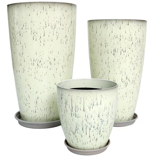 24,21,11 Inch Large Plastic Planters with Drainage Hole and Saucer - Set of 3 Tall Plant Pots Indoor Flower Pot Tall Round Planters Outdoor Large Tall Planter - color: White Glaze Color