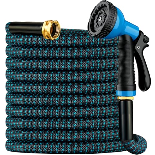 Expandable Garden Hose 50 ft with 10 Function Spray Nozzle, Flexible, Kink Free, Leak-Proof, Ultra Lightweight Retractable Stretch Water Hose 50ft for Yard, Lawn, Car Wash and Outdoor (Black & Blue)