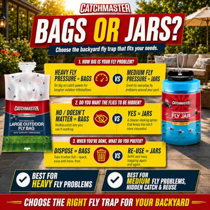 Catchmaster Disposable Outdoor Fly Trap, 8 Hanging Bags with Bait