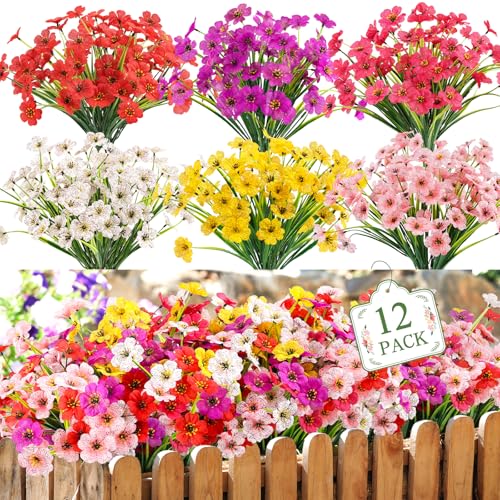12 Bundles Artificial Flowers for Outdoors, UV Resistant Faux Plants - color: Mix Color 1, size: 12 PCS