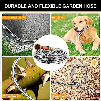 Metal Garden Hose 75ft, Stainless Steel Water Hose 75ft with 10 Function Sprayer Nozzle, Leaf-Proof Kink Free Heavy Duty Lightweight for Outdoor,Yard,Lawn,Patio, Car - size: 75ft