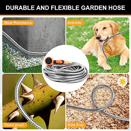 150 ft Garden Hose, Metal Water Hose 100 ft with 10 Function Nozzle & 3/4 Copper Fitting, Heavy Duty & Flexible, Kink Free & Lightweight for Yard, Outdoor, Lawn, Patio & Car - size: 150ft