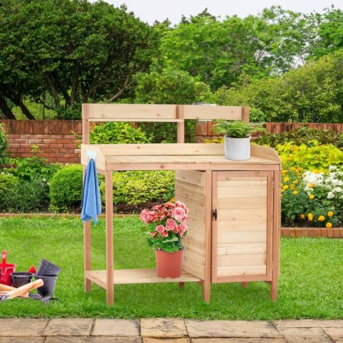 42" Outdoor Potting Bench with Sink, Wooden Potting Table with Sliding Tabletop, Storage Cabinet & Bottom Shelf, Garden Work Bench for Patio Backyard Porch, Natural