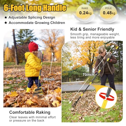 Leaf Rake: 8.5" Wide Heavy Duty Small Metal Garden Rake for Lawn Yard Garden Bed Leaves Debris Shrub Pine Needles Cleanup, 11 Metal Tines, Lightweight Kids Leaf Rakes, 72” Long Handle - style: 11 tines-6ft