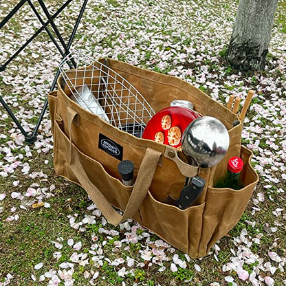 Portable Garden Camping Tool Storage Bag,Waxed Canvas Firewood Carrier Tote bag,Collapsible Sturdy Garden Basket Great for Women, Gardener, Electrician, Repairer (Khaki) - color: Khaki