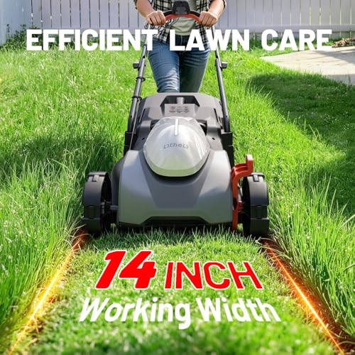 Litheli 14 Inch Battery Lawn Mower with 8.0Ah Long-Life Battery, Brushless Push Mower for Small-Sized Yards, 5-Position Height, 9 Gallon Bag, Lightweight Design - color: White
