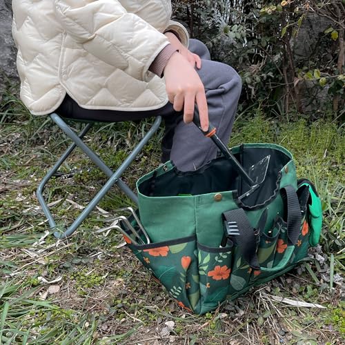 Folding Gardening Stool with Detachable Storage Tote Bag, Multifunctional Gardening Tools Set Organizer for Fishing and Camping,Portable Garden Chair Seat for Adults (Green Flower)
