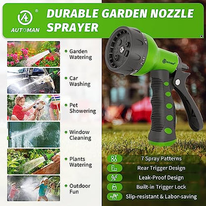 AUTOMAN-Garden-Hose-Nozzle,ABS Water Spray Nozzle with Heavy Duty 7 Adjustable Watering Patterns,Slip Resistant for Watering Plants,Lawn& Garden,Washing Cars,Cleaning,Showering Pets - Green - color: Green