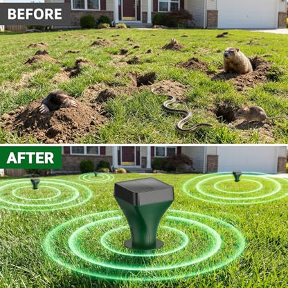 Mole Repellent Solar Powered, 8 Pack Gopher Repellent Ultrasonic for Lawns, IP65 Waterproof Mole Deterrent for Yard, Outdoor Pest Control for Groundhog, Vole, Armadillo, Chipmunk, Snake