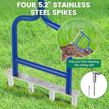 Spike Tine Fork Lawn Aerator - Four 5.2'' Stainless Steel Spikes Manual Gardening Hand Tool - Grass Dethatcher Aerator Lawn Tool with Solid Tines for Compacted Soil - Lawn Plugger Aerator.
