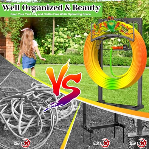 Garden Hose Holder, Water Hose Reel Stand with Storage Basket Holds 151ft - color: Black - Frog