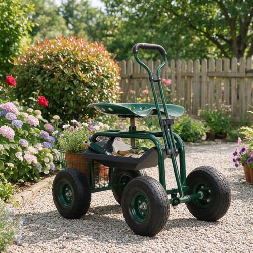 Rolling Garden Cart with Wheels, Gardening Stool with Basket,Adjustable Steering Handle, 360 Degree Swivel Seat for Yard,Patio,and Outdoor - size: Style F