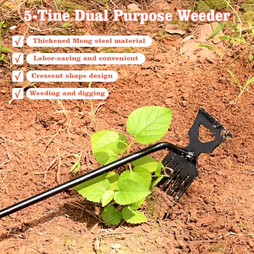 BokingOne Weed Puller Tool Garden Weed Pulling Tool, 4-Tine Manganese Steel Weeder Tool - Black Coated Forged Portable Garden Hand Weeder for Farm, Orchard & Garden (2Pack) - color: 5-Tine black