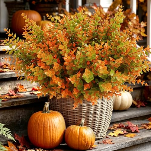 Artificial Flowers Outdoors, 12 Bundles Fake Flowers UV-Anti for Decoration Faux Plastic Plants Garden Porch Window Box Décor - color: Green-orange Leaves