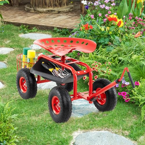 Rolling Garden Seat, Garden Stool with Wheels, Extendable Handle, Storage Basket & Tool Tray, Garden Scooter with 360 Degree Swivel Seat for Outdoor, Garden & Yard (Red) - color: Red