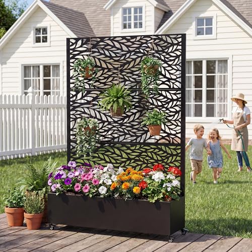 Metal Raised Garden Bed with Wheels and Trellis,73"x47"x16" Planter Box for Climbing Plants, Vegetables & Vines, Features Privacy Screen and Drainage Holes