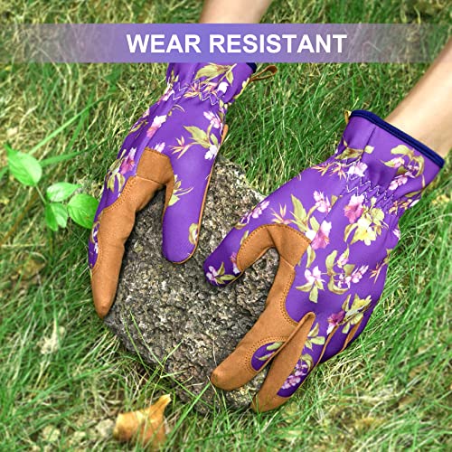 Womens Gardening Weeding Working Gloves, Leather Garden Glove for Women Thorn Proof No Stab for Digging, Planting,Pruning - color: Purple-large