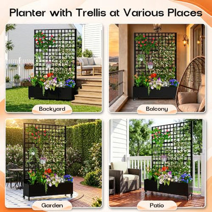 MTART Metal Planter Box with Trellis, 72"x47"x16" Outdoor Galvanized Raised Garden Bed with Privacy Screen & Drainage Holes & Lockable Casters for Climbing Plants, Vegetable, Vines (Black-Grid) - color: Black-grid