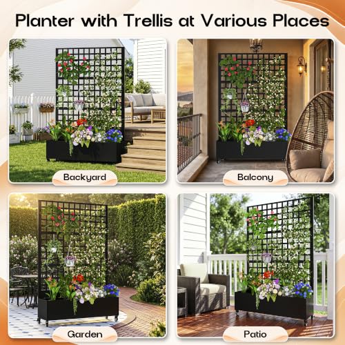 MTART Metal Planter Box with Trellis, 72"x47"x16" Outdoor Galvanized Raised Garden Bed with Privacy Screen & Drainage Holes & Lockable Casters for Climbing Plants, Vegetable, Vines (Black-Grid) - color: Black-grid