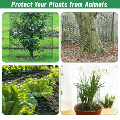 Plant Protectors from Animals, 16.4 x 16In Green PVC Coated Galvanized Chicken Wire Mesh Roll, 0.8mm Free-Cut Plant Cage with Ties, Stakes, Gloves, Pliers & Floral Wire (33Ft*23.6In(23.6X 394 Inch)) - size: 33Ft*23.6In