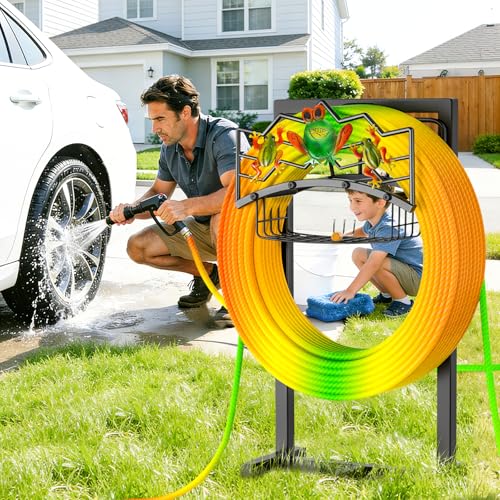 Garden Hose Holder, Water Hose Reel Stand with Storage Basket Holds 151ft - color: Black - Frog