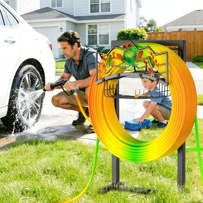 Garden Hose Holder, Water Hose Reel Stand with Storage Basket Holds 151ft - color: Black - Frog