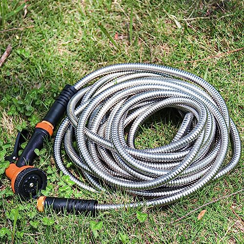 Besiter Garden Hose 75FT Stainless Steel Water Hose with 10 Functions Adjustable Spray Nozzle, Heavy-Duty Metal Garden Hose Flexible Durable No-Tangle & Kink Leak Dog Proof Hose for Yard Lawn(Orange) - size: 75FT