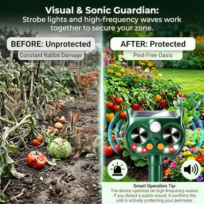 4Pack Upgraded Deer Repellent Devices Solar Ultrasonic Animal Repellent Outdoor with Motion Sensor Strobe Light for Squirrel Raccoon Rabbit Cat Bird Volume Control Keep Pests Out of Yard Farm