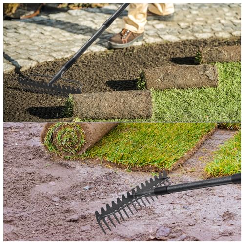 63'' Bow Rake Heavy Duty Garden Rake with Stainless Steel Handle, Tines Metal Head Rake Tool for Loosening Soil Gathering Leaf Leveling Lawn Farming Land Management Yarn Thatch Rake - size: 63"