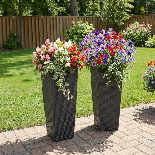 Festnight 24in Tall Planters for Outdoor Plants, Outside Black Planters Set of 2, Resin Front Porch Planters, Outdoor Planters for Porch Backyard Patio, Garden Flower Pots, 11.69x11.69x32.28in - size: 8.94x8.94x23.82in