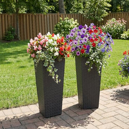 24in Tall Planters for Outdoor Plants, Outside Tall Resin Planters Set of 2, Outdoor Planters for Porch Backyard Patio Garden, Black Flower Pots, 8.94x8.94x23.82in - size: 8.94x8.94x23.82in