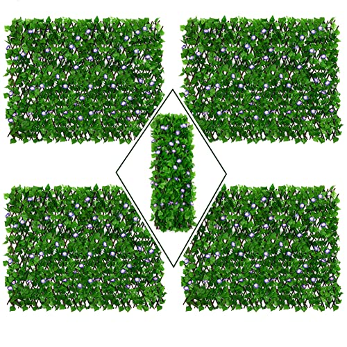 DOEWORKS Expandable Faux Ivy Trellis Fence, Patio Privacy Screen, 4 Pack - color: Purple Morning Glory, size: 16 x 45 in, 4 Panel