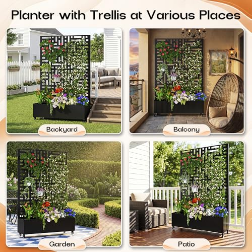 MTART Metal Planter Box with Trellis Outdoor, 72"x47"x16" Galvanized Raised Garden Bed with Privacy Screen & Drainage Holes & Lockable Casters for Climbing Plants, Vegetable, Vines (Street-Black1) - color: Street-black1