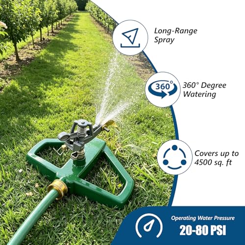 Heavy Duty Pulsating Impact Lawn Sprinkler 360° Adjustable Rotating Automatic Water Sprinkler for Yard with Metal Base, Large Area Irrigation Sprinkle for Garden, Covers Up to 4,500 Sq. Ft