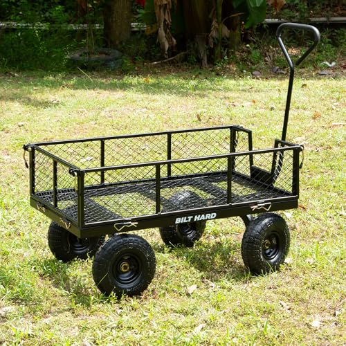 BILT HARD Heavy Duty 880 Lbs Capacity Mesh Steel Garden Cart, 4 Cu.Ft Heavy Duty Garden Cart with 180° Rotating Handle, Removable Sides, All Terrain Wheels, Capacity Utility Steel Wagons for Yard