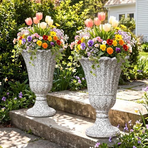 24" Tall Urn Planters for Outdoor Plants, Urns and Pedestal, Gray - color: Heather Grey-sandblasting