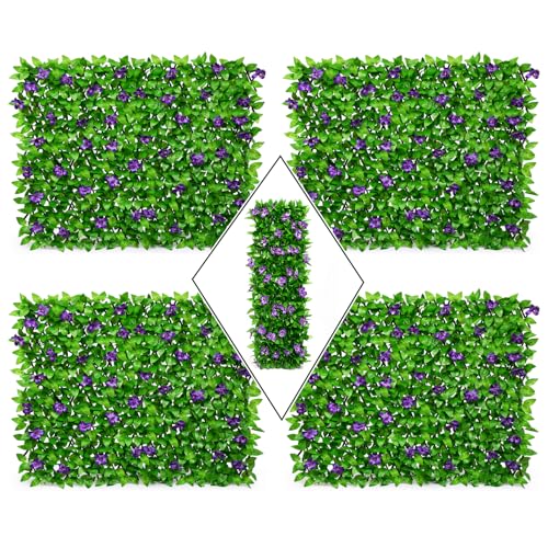 DOEWORKS Expandable Faux Ivy Trellis Fence, Patio Privacy Screen, 4 Pack - color: Purple Flowers, size: 16 x 45 in, 4 Panel
