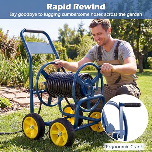 Garden Hose Reel Cart, Mobile Water Hose Cart with Heavy-duty Metal Frame & 4 Solid Wheels, Hold up to 330 ft of 5/8" Hoses, Outdoor Planting Tool for Lawn & Backyard (Navy Blue) - color: Navy Blue