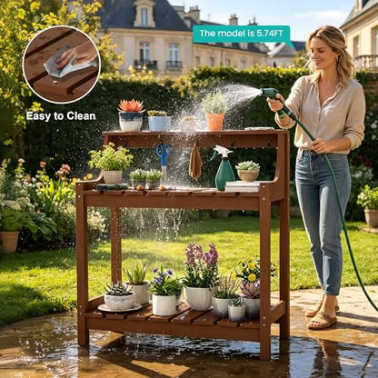 Domi 3-Tier Potting Benches for Outside, HDPE Outdoor Potting Table, Brown - color: Brown