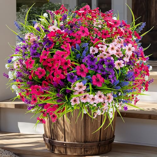 AXYLEX Artificial Flowers for Outdoors, 16 Bundles Fake Plants (Multi 16) - color: 16 Pcs - Pink+purple+red Pink+lavender