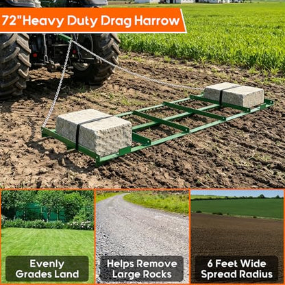 Drag Harrow, 6 ft Heavy Duty Tow Behind Drag Harrow w/ Tine Toothed Structure, Driveway Grader Landscape Rake for ATV, UTV, Tractor, Mower Tow Behind Yard Lawn Leveling Tool