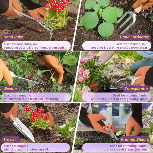 22Pcs Gardening Tools Set for Women Heavy Duty Garden Hand Tool Kit,Birthday Gifts for Mom Wife Grandma Beginner Gardening Accessories with Large Tote Bag/Shovel/Repotting Mat/Plant Labels/Gloves - color: Purple